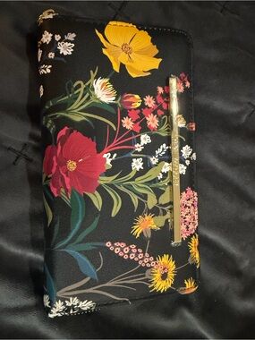 Steve Madden Floral Print Zip-Around Wallet with Gold Bar Detail